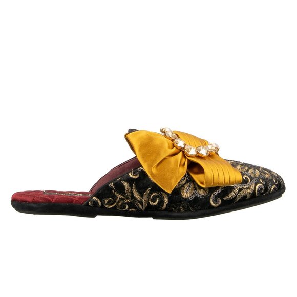 Dolce & Gabbana - Crystal Pearl Silk Bow Velvet Shoes Slipper MARCELLO Black Gol - Picture 5 of 5